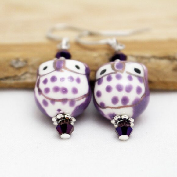 Purple Hand Painted Beaded Owl Earrings - Handmade & Hypoallergenic - Picture 5 of 7
